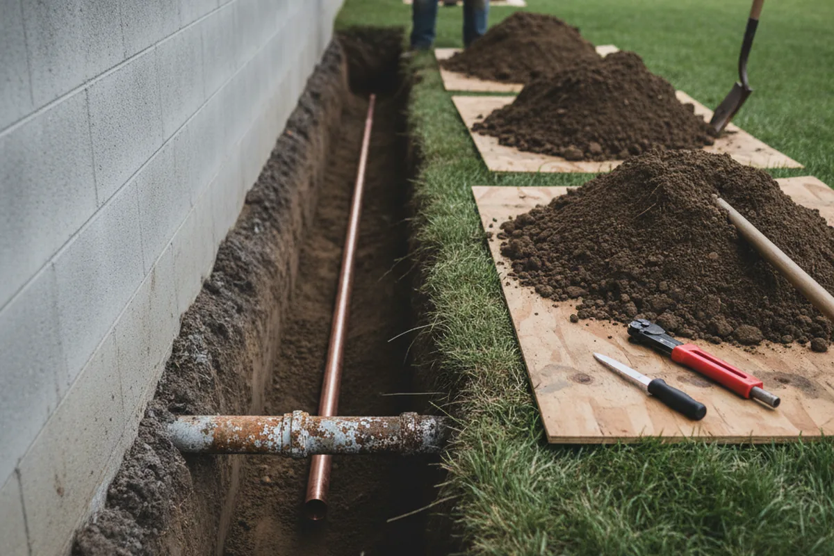 Excavated water line trench during Water Heater Repair in Mont Vernon
